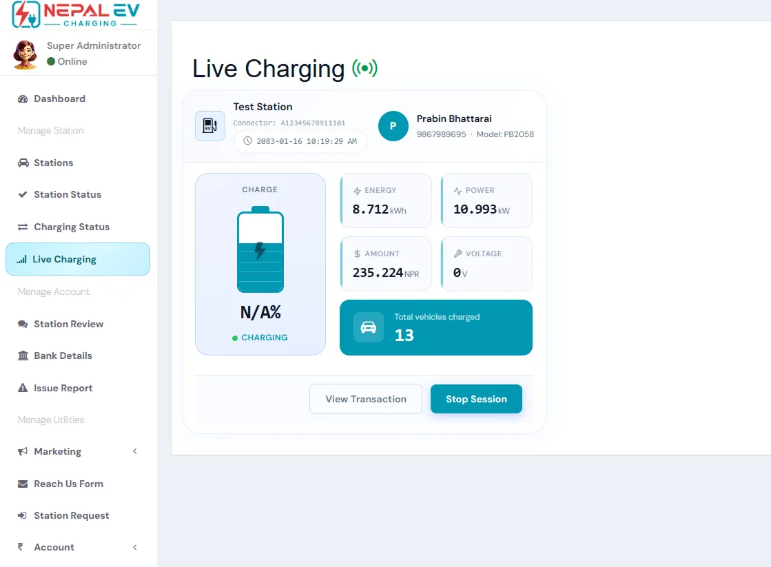 Monitor live status, sessions, and energy usage